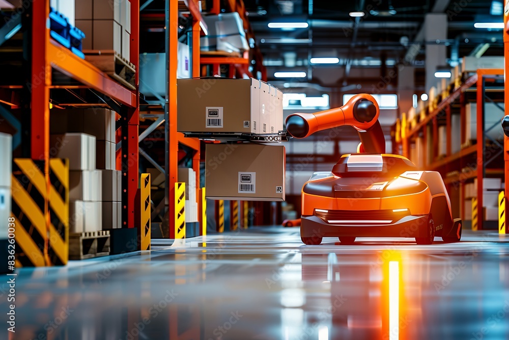Fototapeta premium Advanced Automation Warehouse Robots Sorting Packages in High-Tech Setting