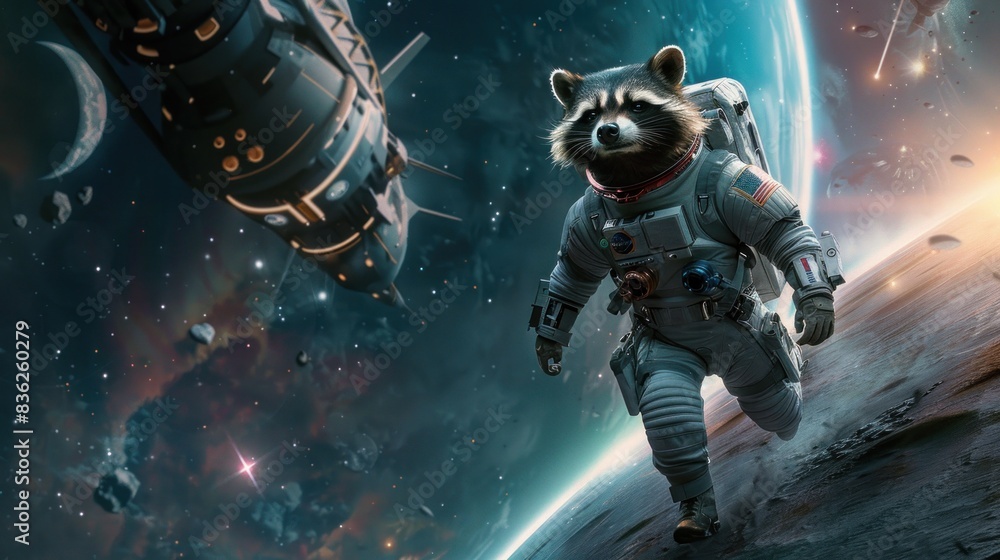 Fototapeta premium Raccoon animal wearing astronaut suit floating in space Background wallpaper AI generated image