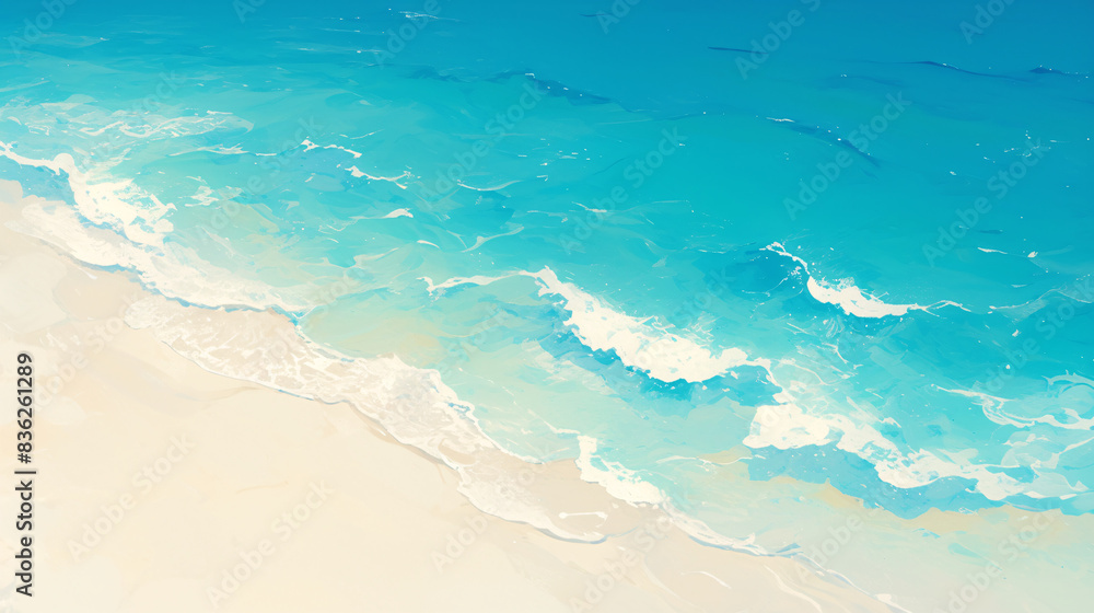 Fototapeta An abstract, out-of-focus view of a sunny tropical beach with white sand and turquoise waters, creating a serene and peaceful atmosphere