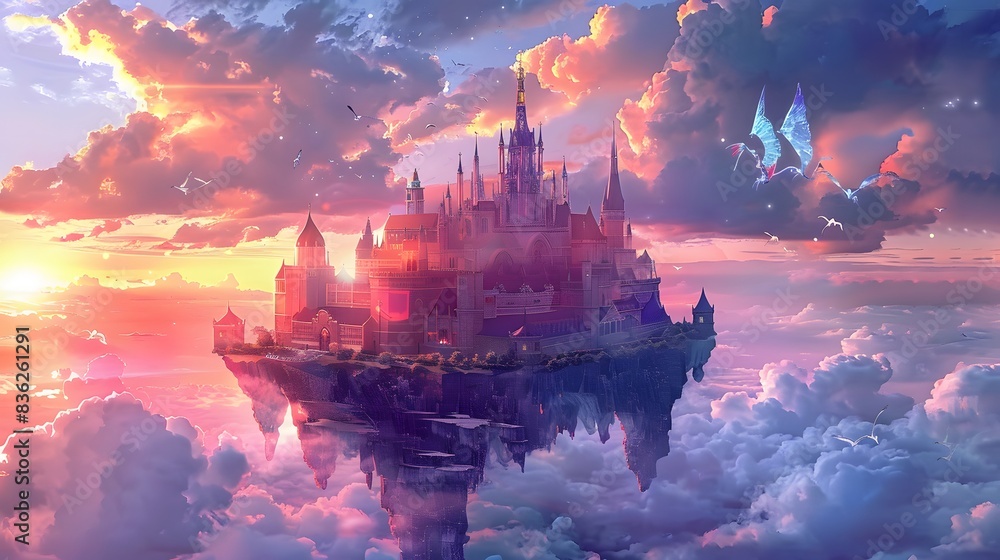 Fototapeta premium A majestic floating castle in the sky surrounded by clouds and mythical beasts, with vibrant hues of sunrise