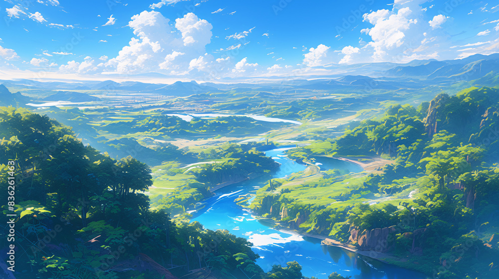Landscape featuring a winding river flowing through a dense forest, with a clear blue sky overhead, capturing the beauty of untouched nature Landscape featuring a winding river flowing through a dense forest, with a clear blue sky overhead, capturing the beauty of untouched nature