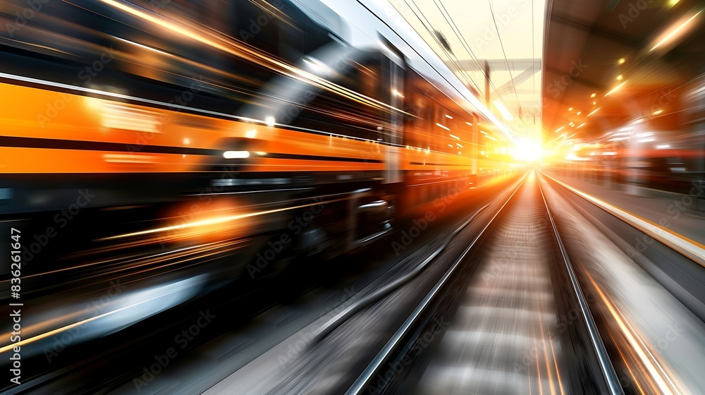 Blurred Motion High-Speed Train on Sunny Day with Vibrant Orange Color Scheme Blurred Motion High-Speed Train on Sunny Day with Vibrant Orange Color Scheme