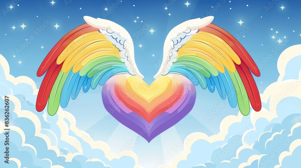 Rainbow Heart with Angel Wings in Flat Design Against Bright Sky Background Rainbow Heart with Angel Wings in Flat Design Against Bright Sky Background