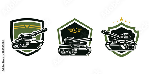 Battle tank Logo. Military Army Artillery Vehicle. War Battlefield. Vector Illustration emblem design on white background. Isolated. Editable color. Suited for brand, organization, t-shirt, and brand