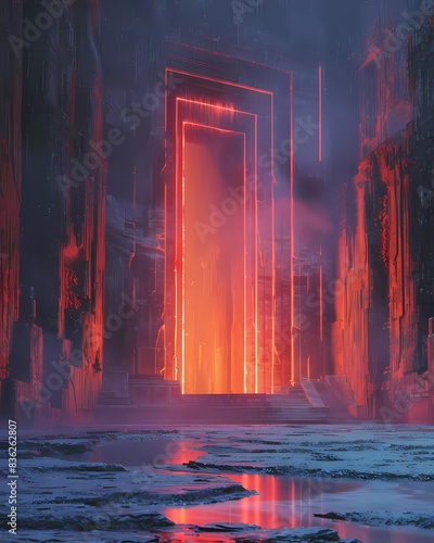 A dark and mysterious portal glowing with an eerie orange light. The portal is set in a vast, underground chamber. The chamber is filled with strange and otherworldly objects. photo