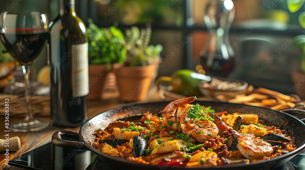 A steaming pot of seafood paella with a glass and bottle of red wine. A A steaming pot of seafood paella with a glass and bottle of red wine. A