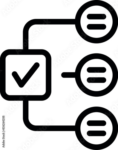 Black and white vector icon illustrating a workflow or task sequence with checkmarks