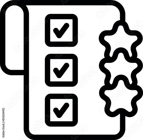 Black and white outline icon of a checklist with check marks and stars, symbolizing achievement