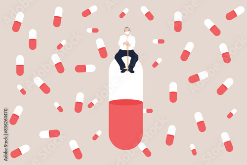 Senior sitting on pill with a lot of pill his depressed from taking medicine