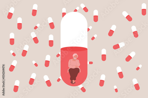 Senior sitting inside pill with a lot of pill his depressed from taking medicine