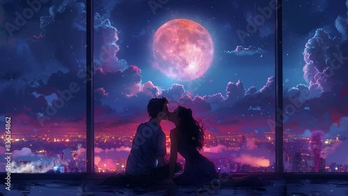 Romantic couple illustration, seamless loop, full moon, comic style, anime style, manga style, 4K 16:9 photo