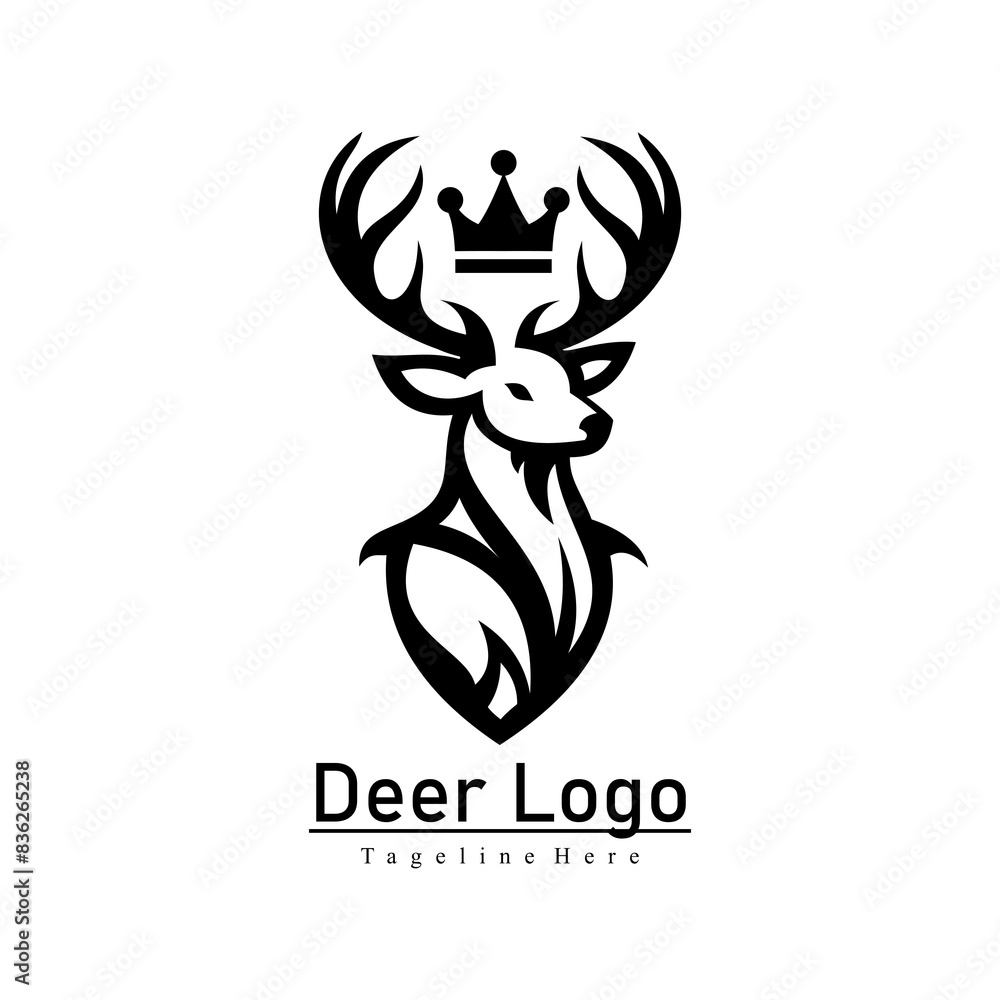 deer logo design with large antlers and a king's crown on his head deer logo design with large antlers and a king's crown on his head