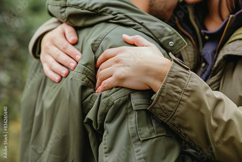 Close-up of one person's hands resting on the back of their conversation partner, symbolizing understanding and support.