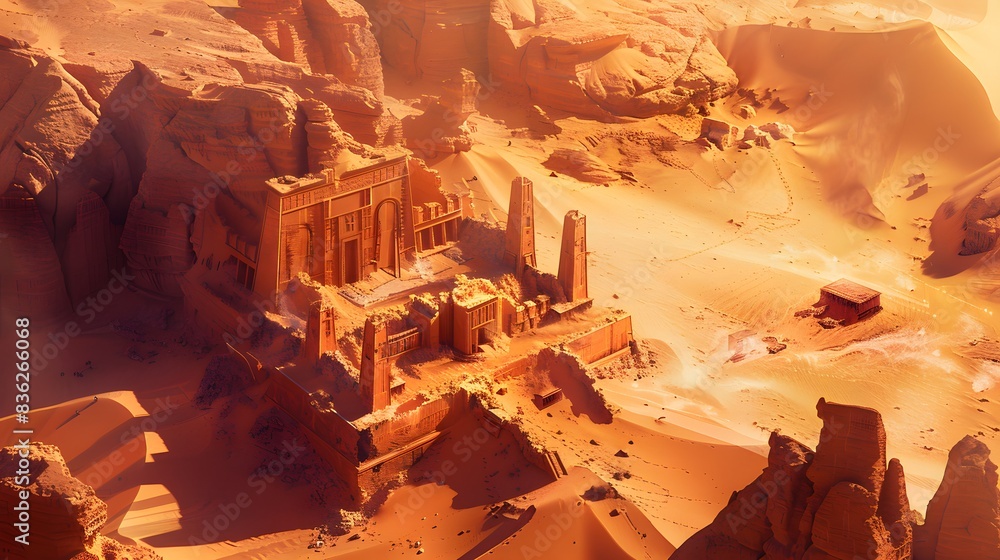 A sprawling desert landscape with ancient ruins half-buried in the sand ...