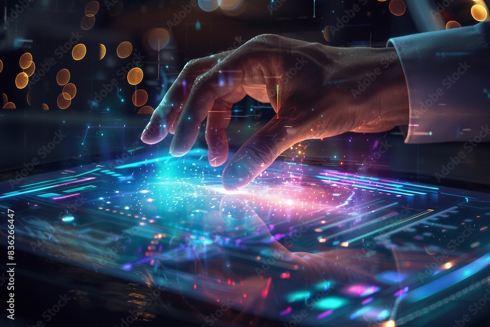 Businessman's hand operating a tablet with a dynamic hologram Businessman's hand operating a tablet with a dynamic hologram
