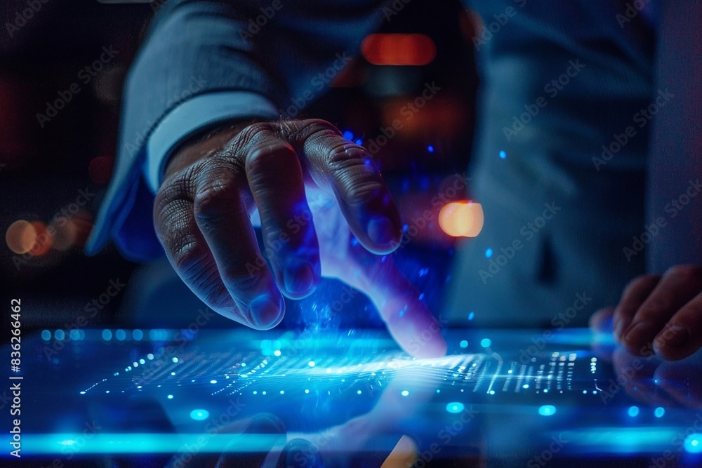 High-tech close-up of a businessman's hand interacting with a holographic High-tech close-up of a businessman's hand interacting with a holographic