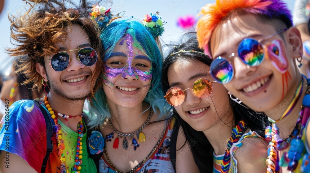 Three women are smiling and posing for a picture while wearing rainbow clothing Three women are smiling and posing for a picture while wearing rainbow clothing