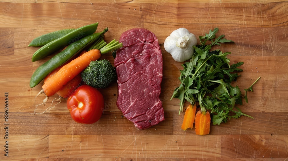 Freshly cut raw steak with a side of vegetables arranged on a wooden surface Freshly cut raw steak with a side of vegetables arranged on a wooden surface
