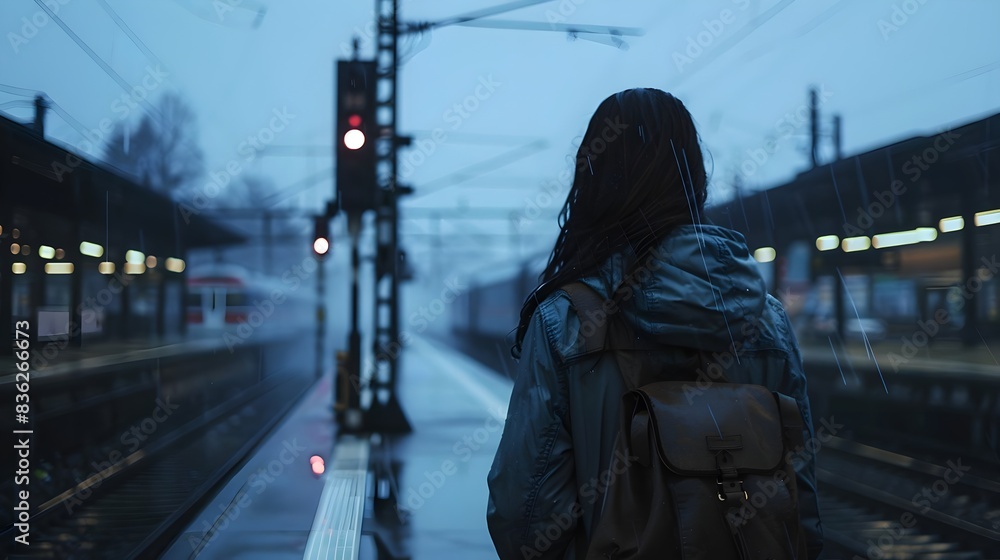 Young Woman Traveling Alone At Train Station Symbolizing Isolation and Depression Young Woman Traveling Alone At Train Station Symbolizing Isolation and Depression