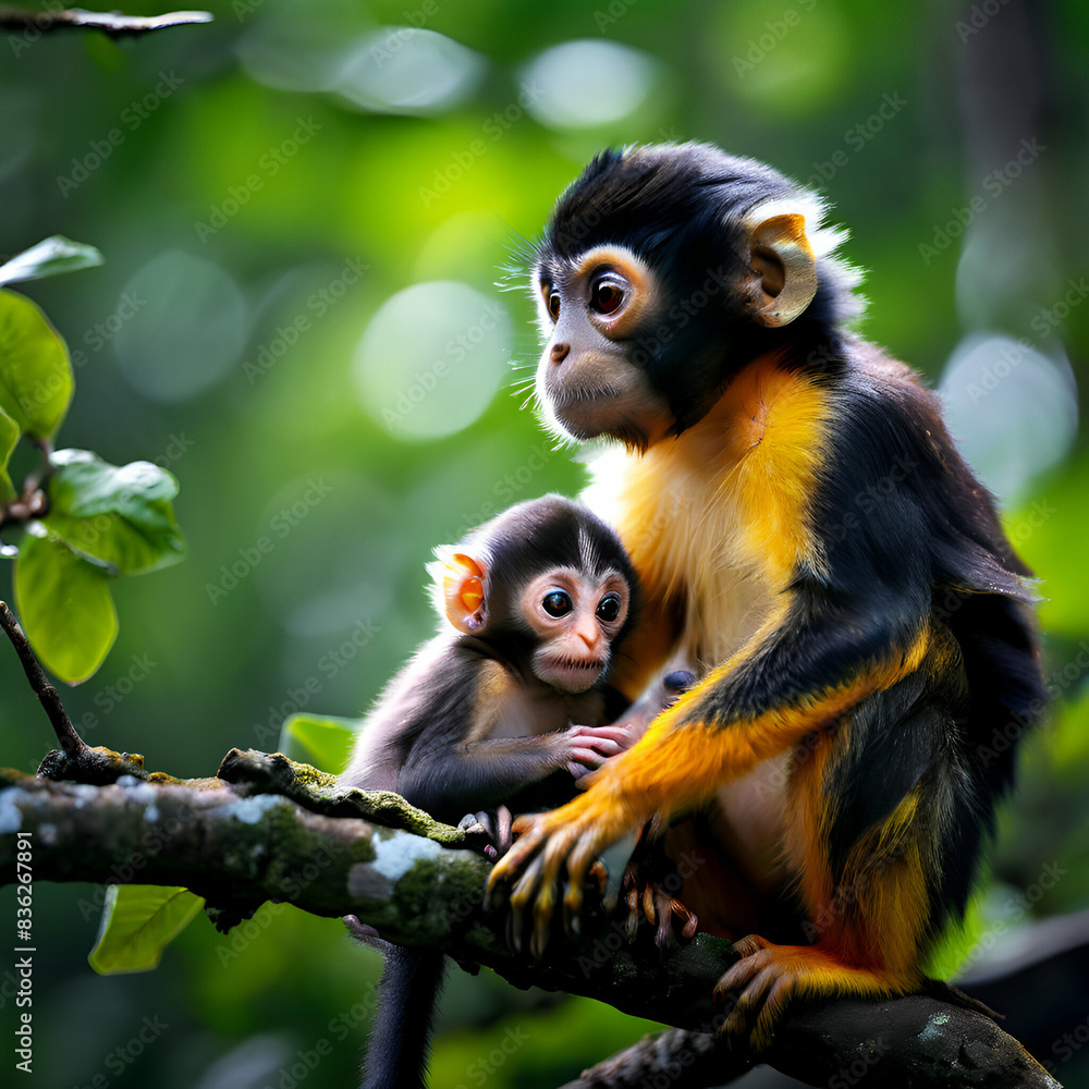 black capped squirrel monkey sitting on tree branch with its cute little baby with forest in background generate ai black capped squirrel monkey sitting on tree branch with its cute little baby with forest in background generate ai
