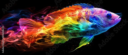 Rainbow Cichlid covered in rainbow fire apron, Glowing rainbow cichlid in the depths, symbolizing LGBTQIA diversity photo