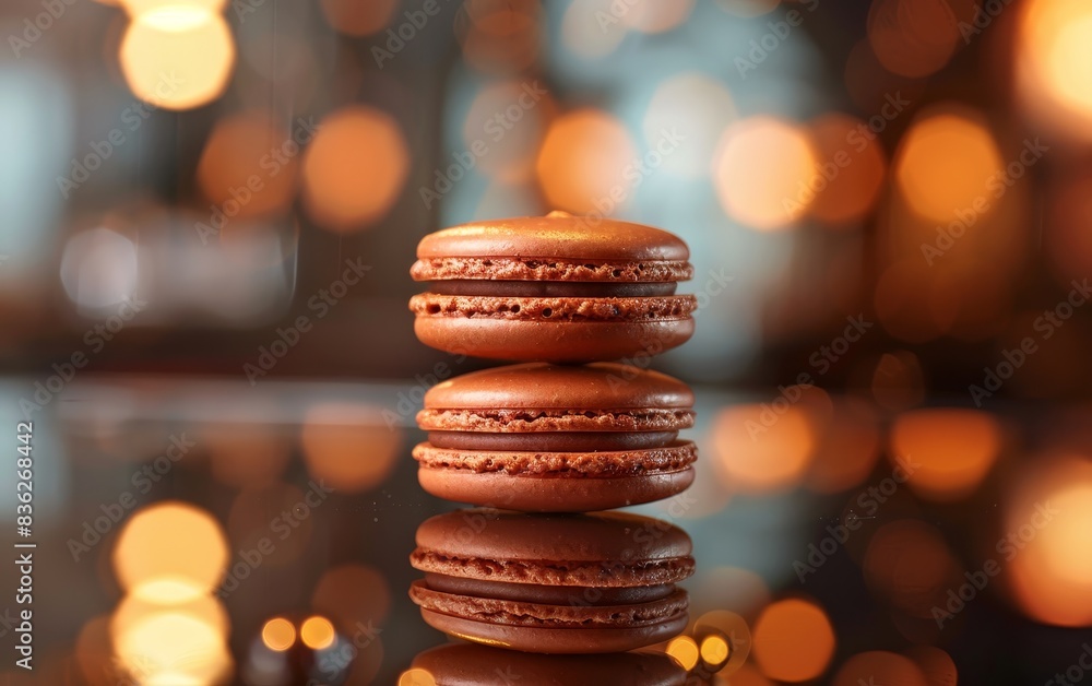 Obraz premium Elegant chocolate macarons stacked on reflective surface with bokeh lights in the background, creating a festive ambiance.
