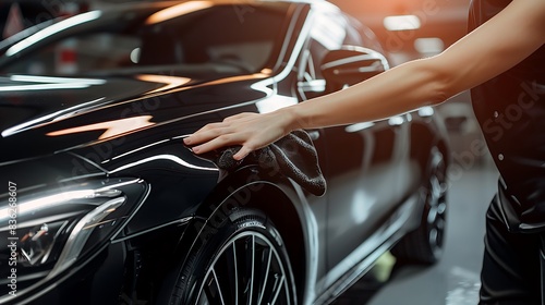 Hand Polishing Luxury Black Car with Microfiber Cloth in Dramatic Cinematic Lighting © antusher