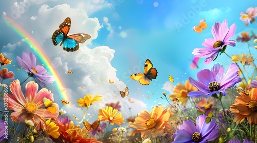 Wallpaper Mural A vibrant meadow filled with giant, colorful flowers and butterflies, a rainbow arching across a bright blue sky Torontodigital.ca