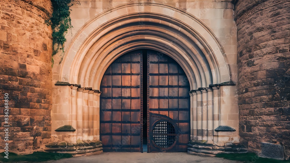 the architectural grandeur and defensive features of a Romanesque fortress gate, highlighting its arched entryway, massive wooden doors.