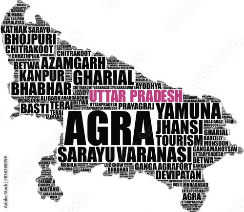 Fényképezés Uttar Pradesh state of India map silhouette word cloud illustration
