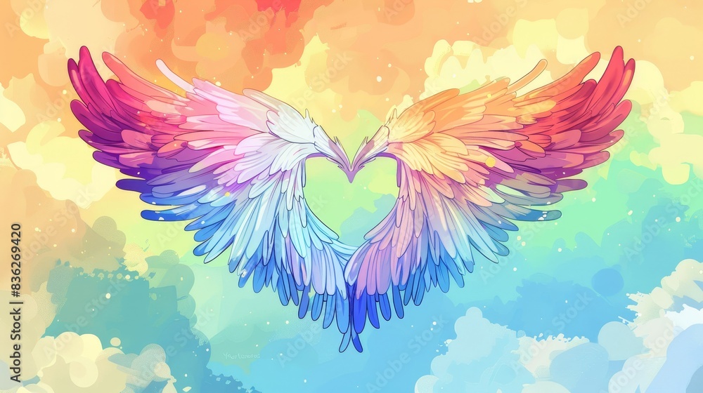 Angelic Heart Rising - Flat Design Illustration of Rainbow Heart with Soft White Wings on Colorful Sky Background. Angelic Heart Rising - Flat Design Illustration of Rainbow Heart with Soft White Wings on Colorful Sky Background.