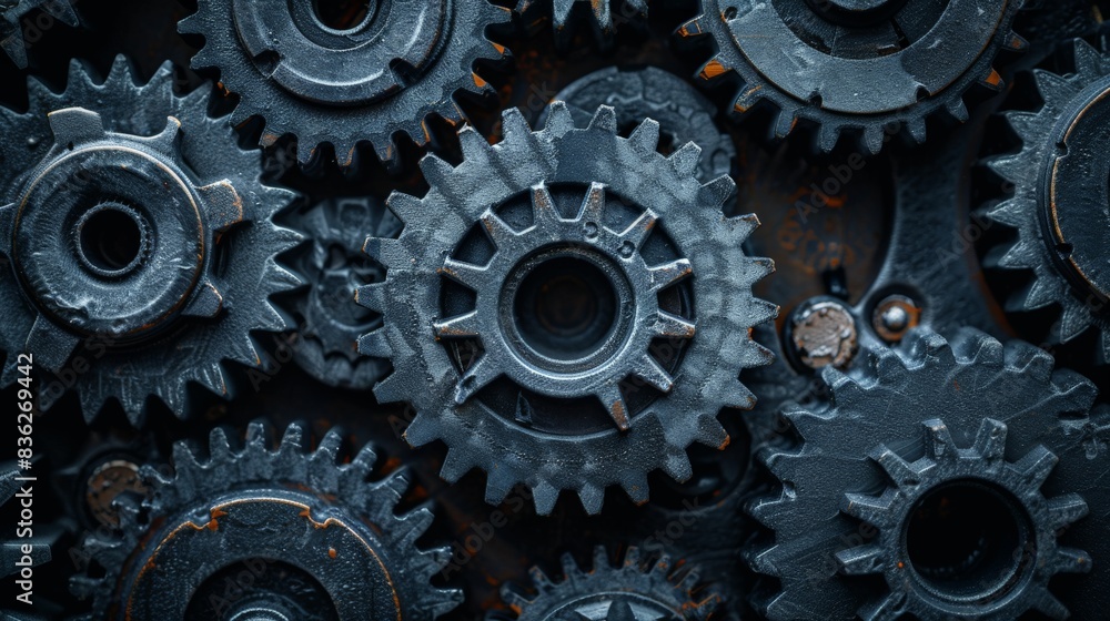 Metal gears on a black background, a concept of mechanical engineering and mechanical components suitable for use in technical and scientific projects. Metal gears on a black background, a concept of mechanical engineering and mechanical components suitable for use in technical and scientific projects.