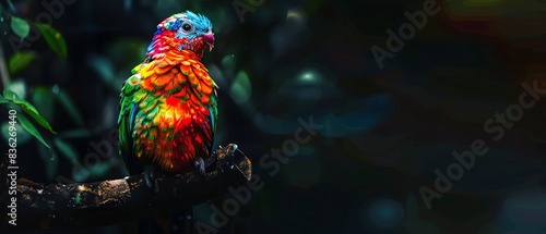 Rainbow Quetzal covered in rainbow fire apron, Vibrant rainbow quetzal in the dark forest, representing LGBTQIA beauty photo