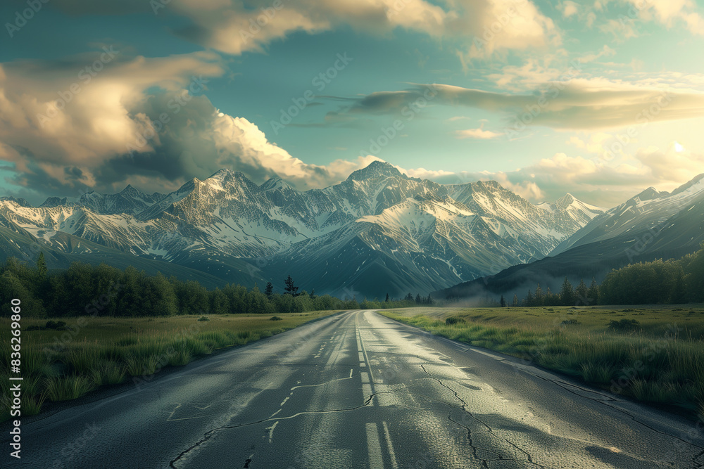 Fototapeta premium Landscape with road and mountains - High details, 8K UHD. A breathtaking view showcasing a scenic road winding through majestic mountains.