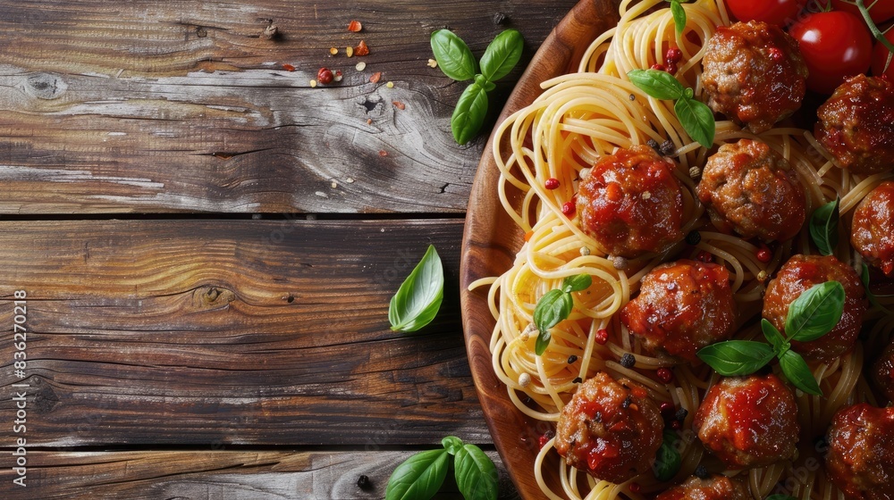 Meatballs with spaghetti displayed on a wooden surface Blank area for text