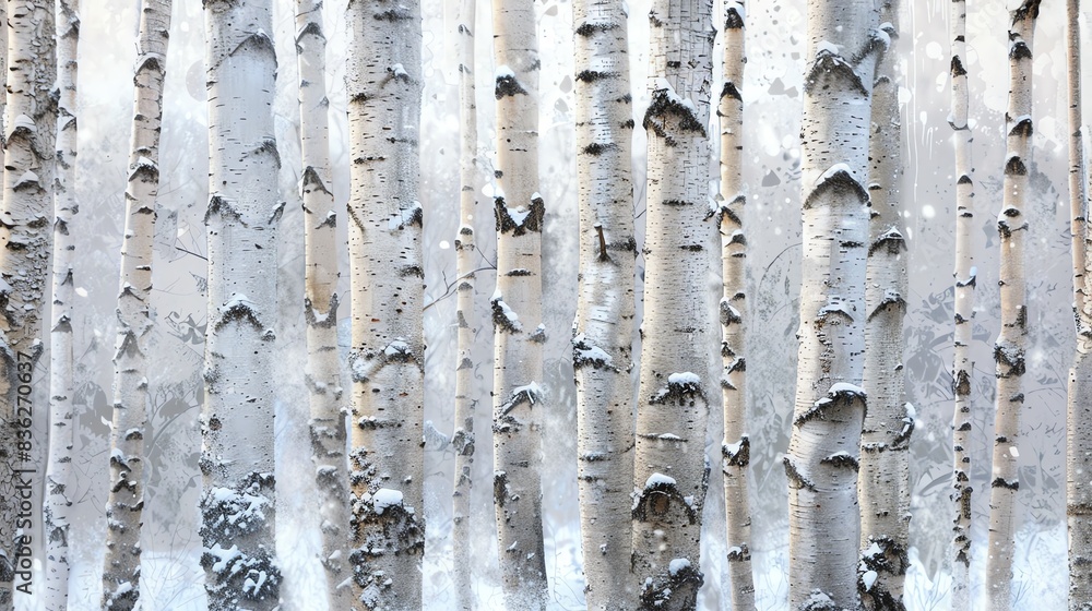 Close-up of birch tree trunks in winter, covered in snow. Close-up of birch tree trunks in winter, covered in snow.