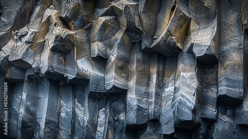 Close-up of basalt rock columns, natural abstract texture.