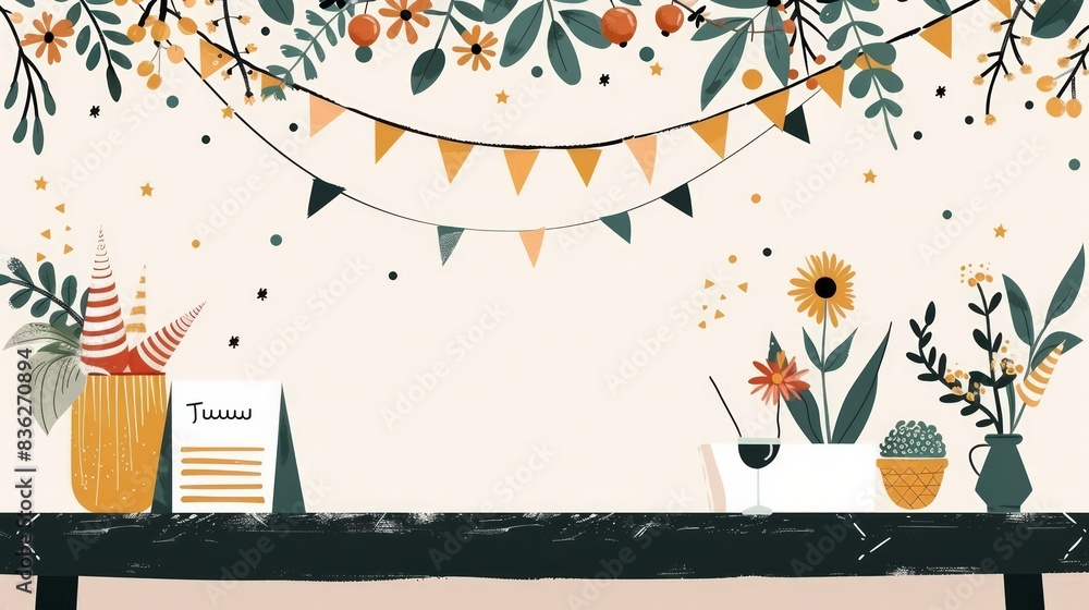 Obraz premium A whimsical table setting with floral decorations and bunting for a celebration.