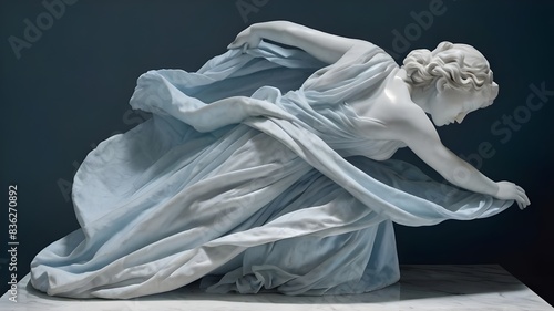 In a shocking contrast of elegance and turmoil, a Renaissance-style fragmented sculpture of a woman running is depicted in white marble slowly dissolving into light blue linen fabrics. Generative AI