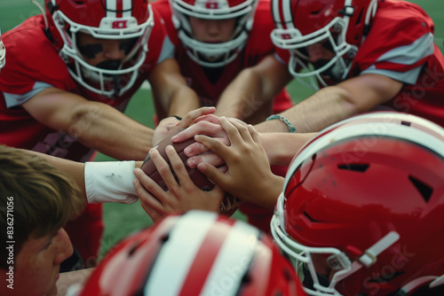 Teenage boy high school football team connecting hands in huddle. High Details, 8k, UHD photo