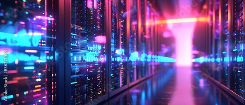 High-Tech Data Center with Neon Blue and Magenta Lit Server Racks