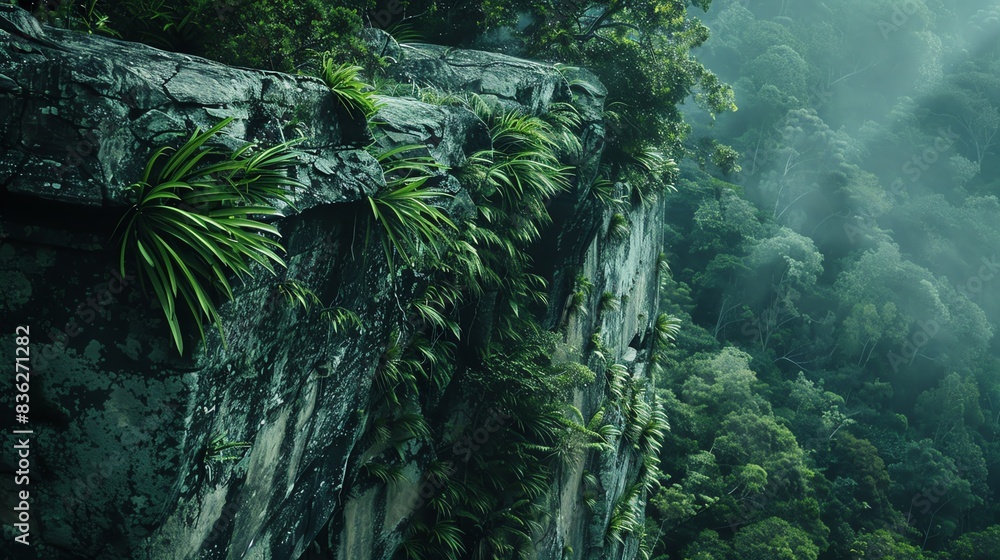 A misty cliffside covered in lush greenery, showcasing the beauty of nature's resilience. A misty cliffside covered in lush greenery, showcasing the beauty of nature's resilience.