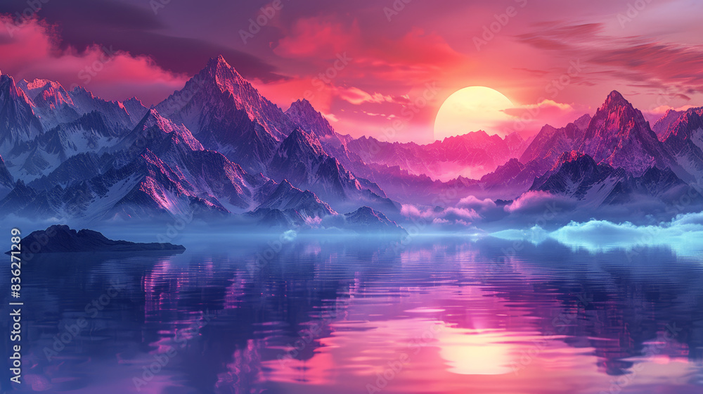 Fantasy landscape with mountains and lake in pink and purple colors. Fantasy landscape with mountains and lake in pink and purple colors.