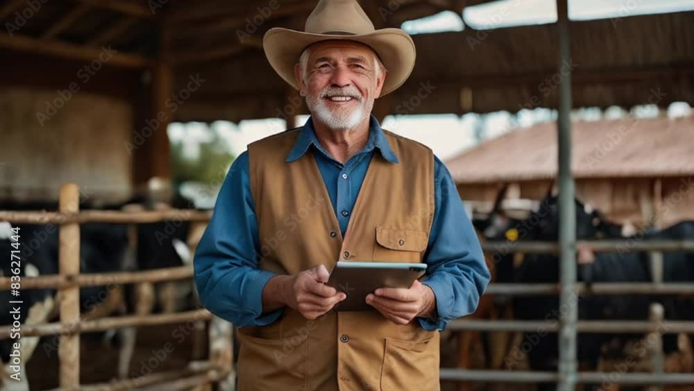 Smiling Senior Farmer Holding Tablet in Barn Smiling Senior Farmer Holding Tablet in Barn