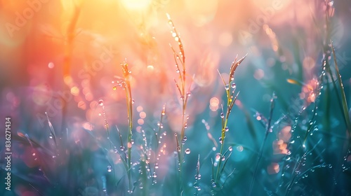 Closeup of dew drops on blades of grass at sunrise with bokeh background. photo