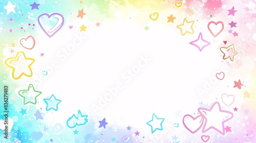 A frame for a card game with a white background. The border is a soft, pastel rainbow gradient with whimsical star and heart shapes, providing a cheerful and magical feel.