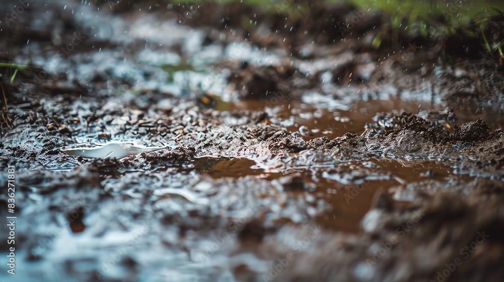 Closeup of muddy ground with raindrops, showing the texture and water runoff. Closeup of muddy ground with raindrops, showing the texture and water runoff.