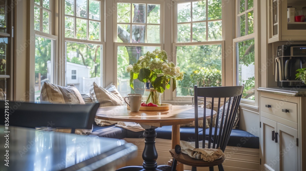 A charming breakfast nook with a cozy banquette and large windows offers a perfect spot for morning coffee. A charming breakfast nook with a cozy banquette and large windows offers a perfect spot for morning coffee.
