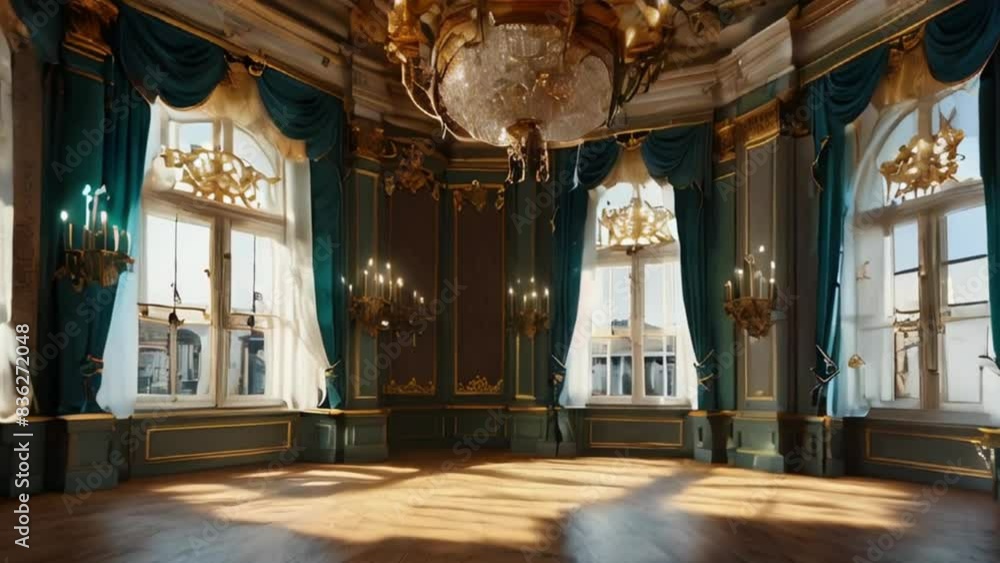 Elegant Ballroom Interior with Large Windows and Chandeliers Elegant Ballroom Interior with Large Windows and Chandeliers