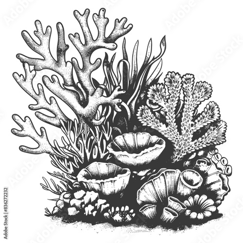 Detailed Pen & Ink Coral Reef Scene: Algae, Fan Coral, Shells, Hand-Drawn Illustration.